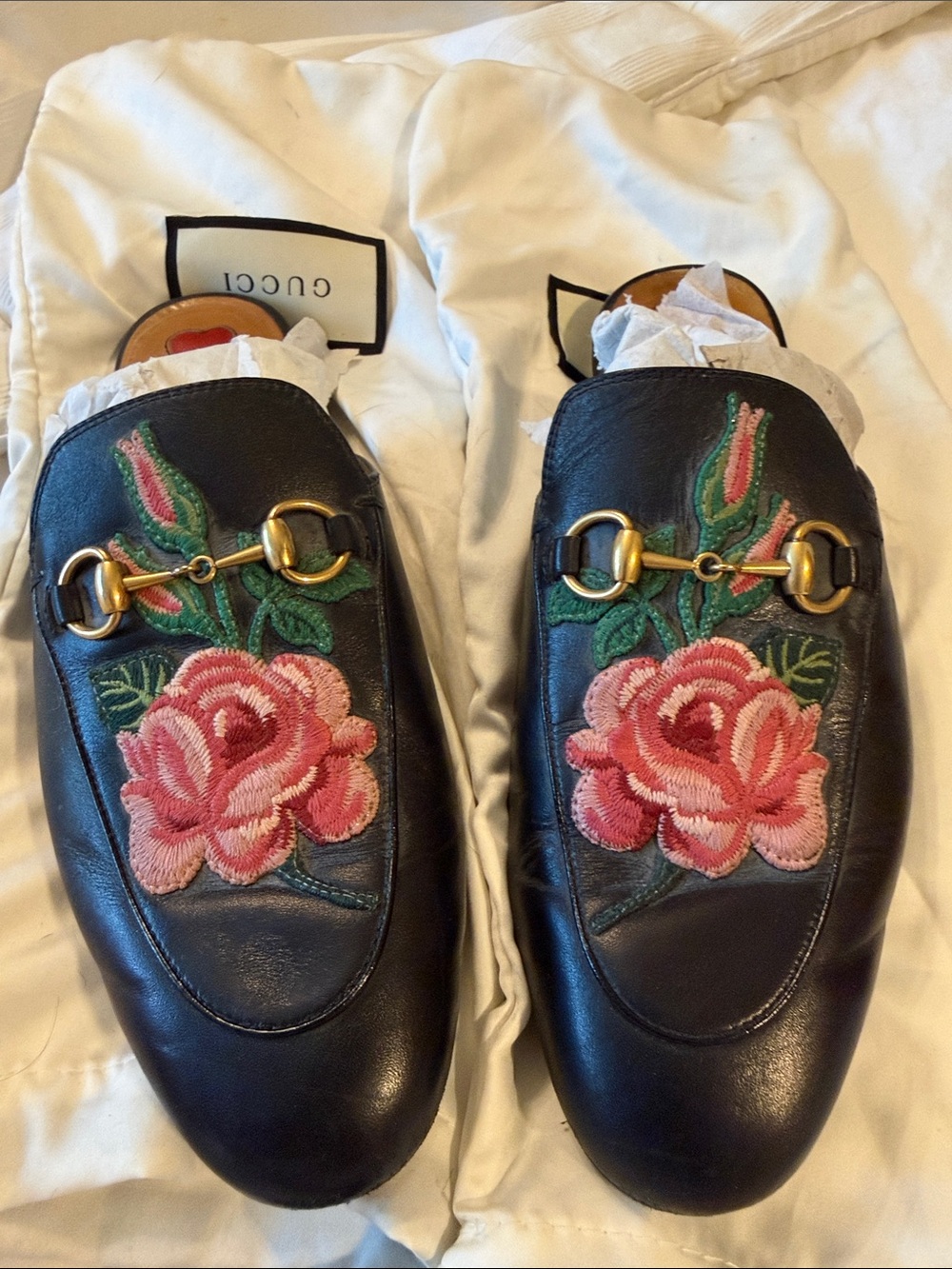 Gucci Black Leather Floral Horsebit Backless Mules 37.5